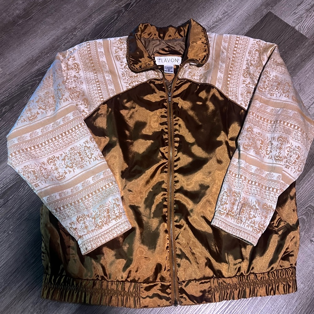 Vintage Lavon Men's Brown and Cream Patterned Bomber Jacket